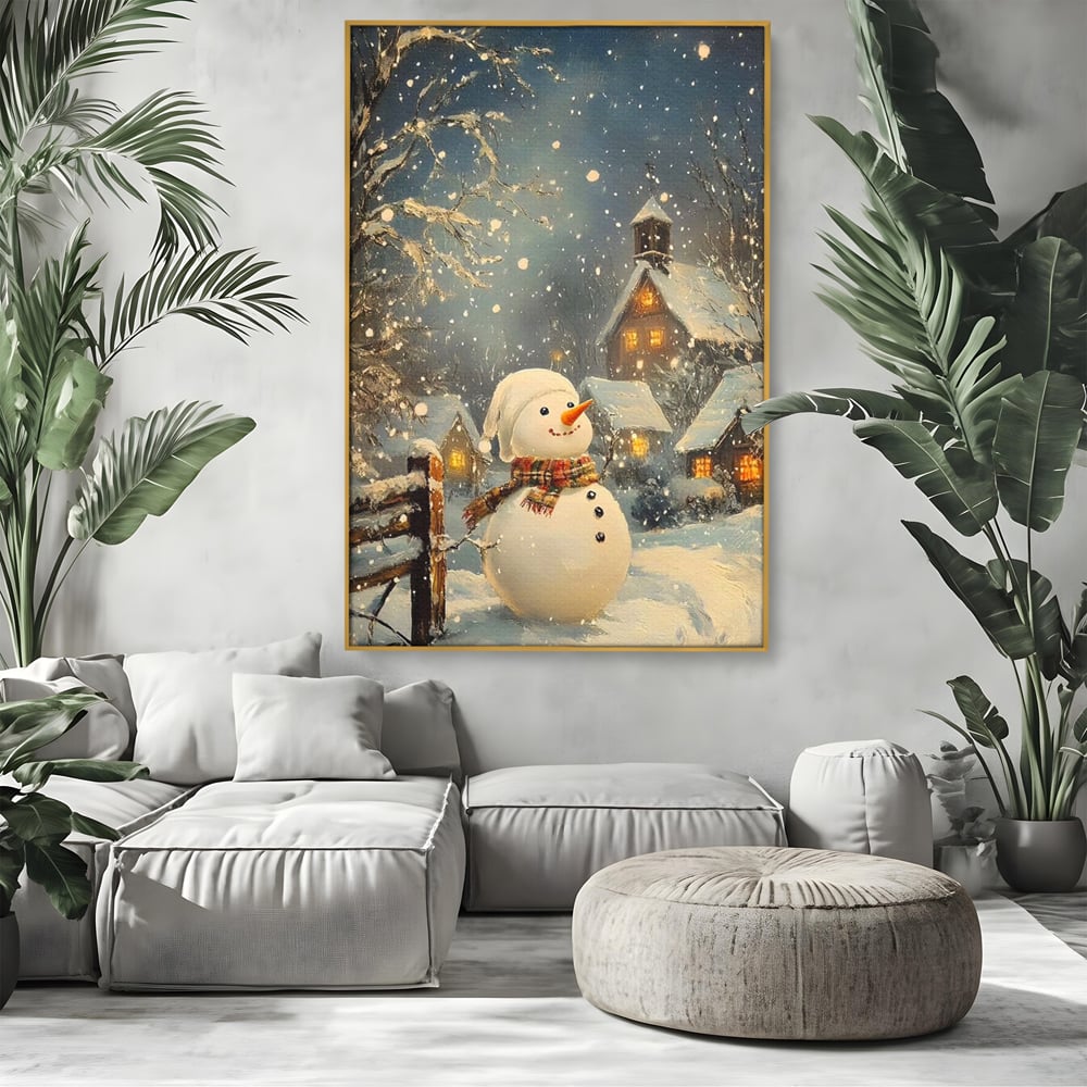 Tablou canvas cu tablou canvas cu om de zapada, in rama de aluminiu auriu, pe perete intr-un living
